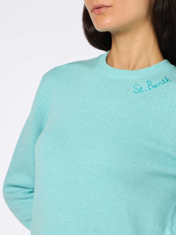 Woman crewneck water green sweater with St. Barth embroidery