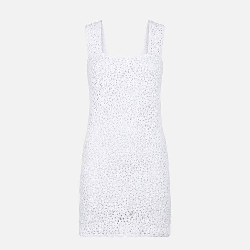Woman white crochet dress