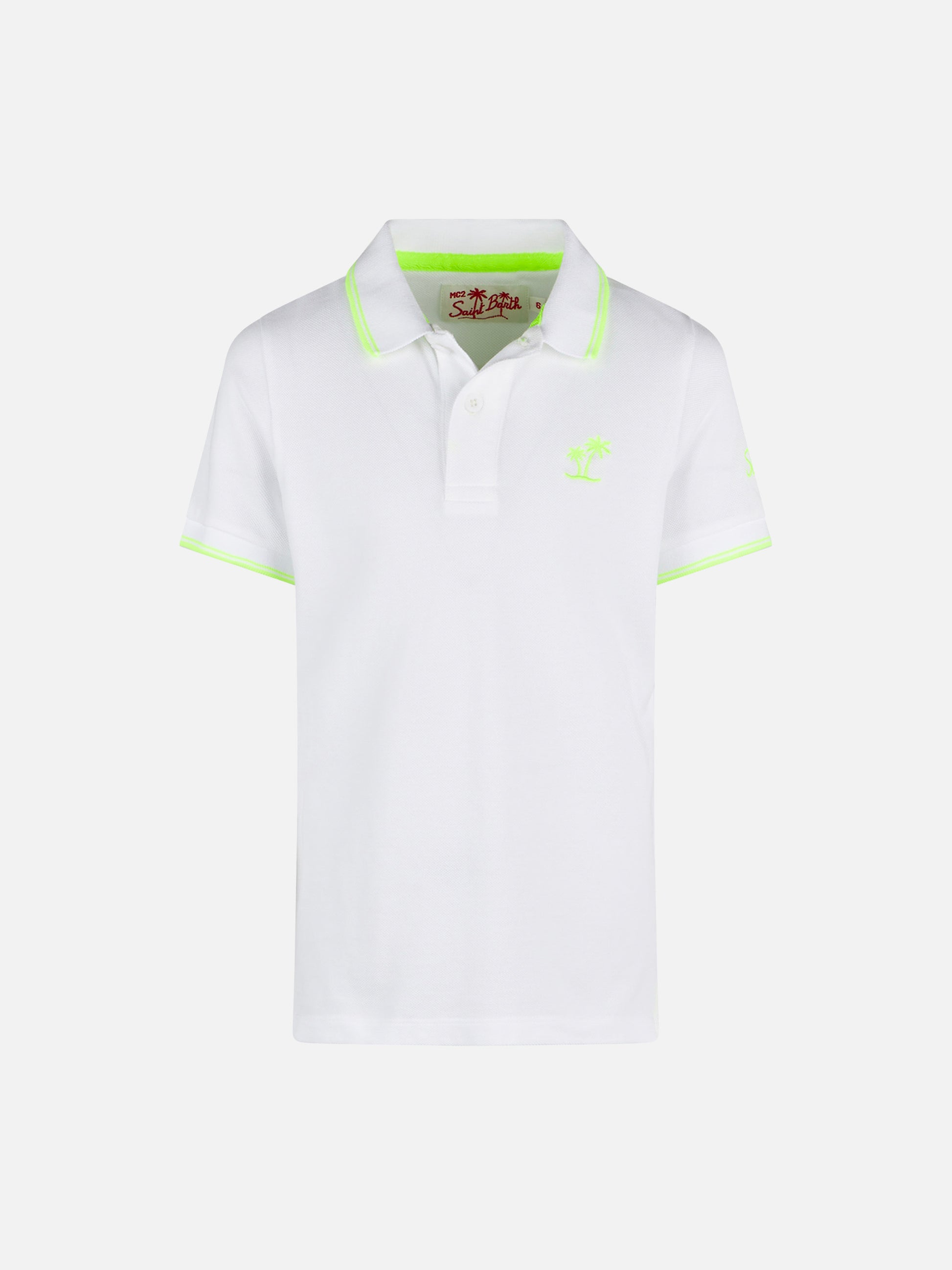 Boy white piquet polo with yellow fluo St. Barth logo - MC2 Saint Barth