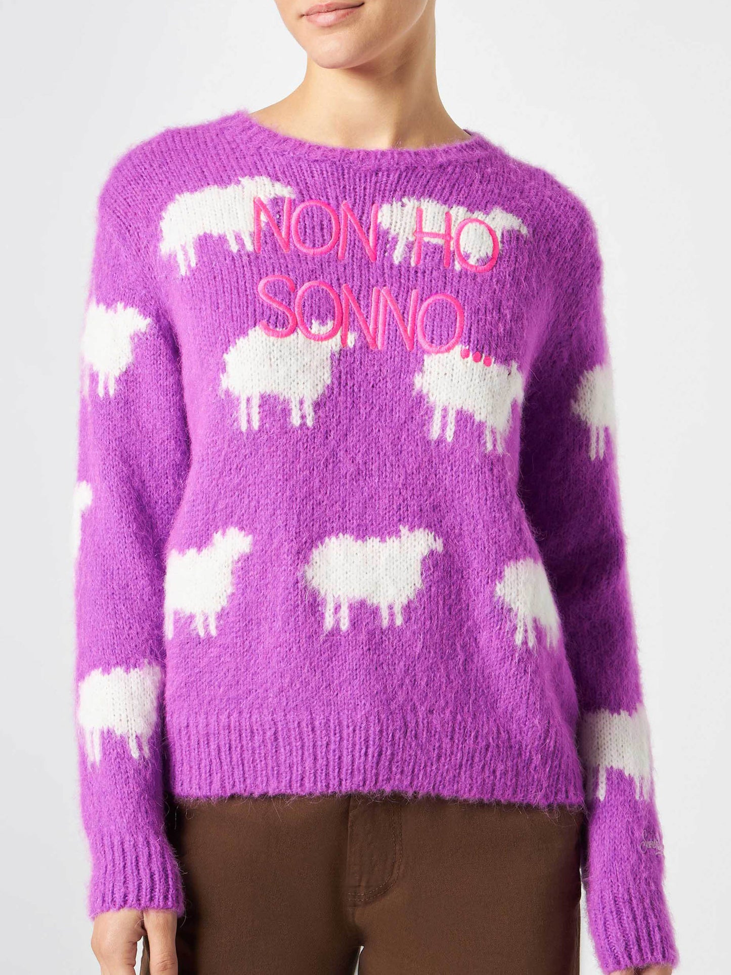 Woman brushed sweater with sheeps and Non ho sonno embroidery - MC2 Saint Barth