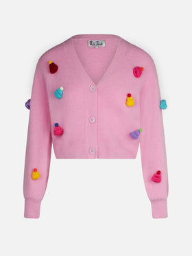 Gebürsteter, kurz geschnittener Damen-Cardigan mit Puffärmeln