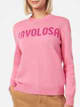 Woman crewneck pink sweater with Favolosa rhinestone print