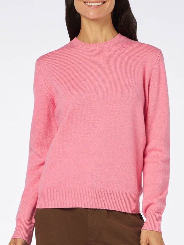 Woman crewneck pink sweater with St. Barth embroidery