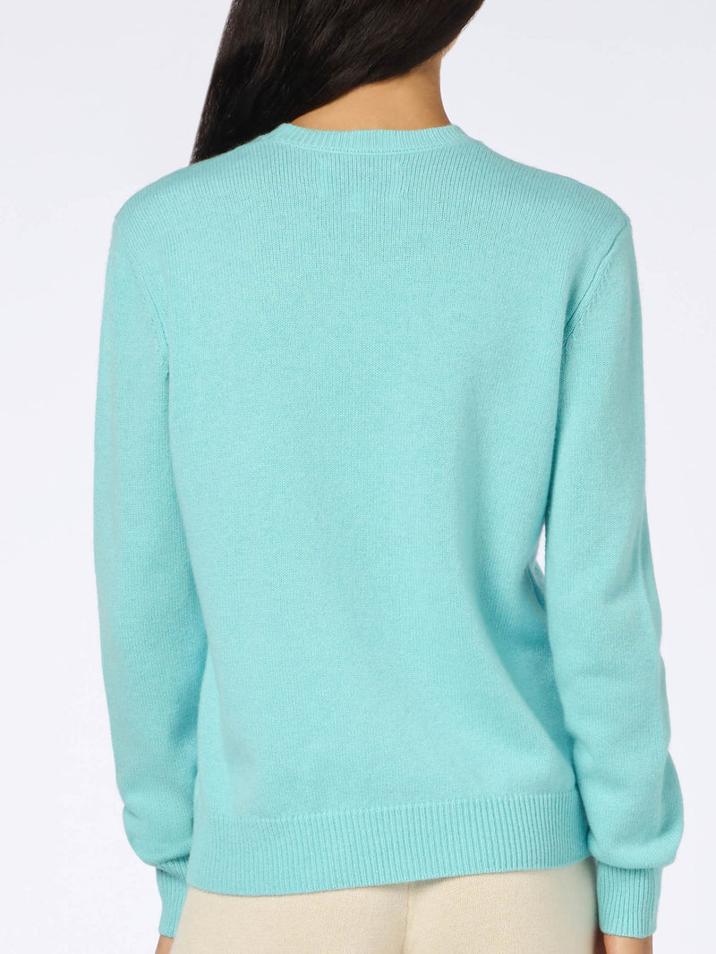 Woman crewneck water green sweater with St. Barth embroidery