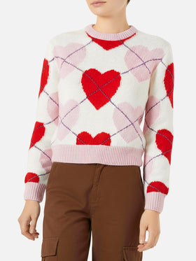 Gebürsteter, kurz geschnittener Damenpullover mit Herzmuster