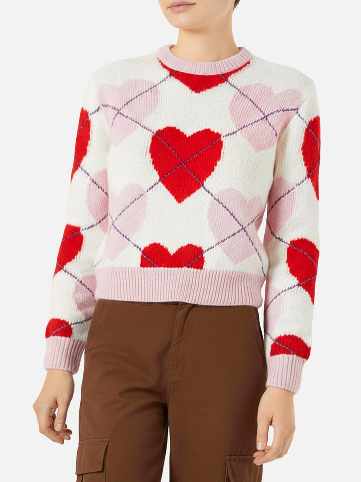 Gebürsteter, kurz geschnittener Damenpullover mit Herzmuster