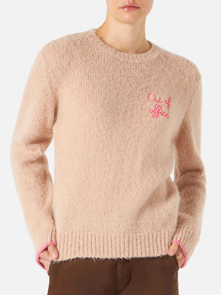 Woman beige brushed sweater with embroidery