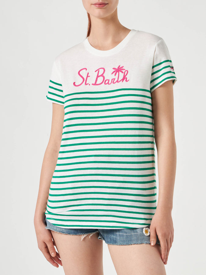 Mc2 Saint Barth T-shirt in cotone a righe verdi con ricamo St. Barth