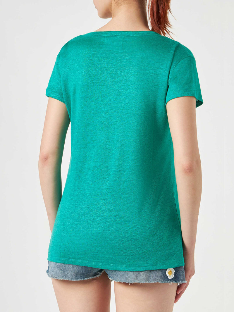 Grünes Damen-T-Shirt aus Leinen