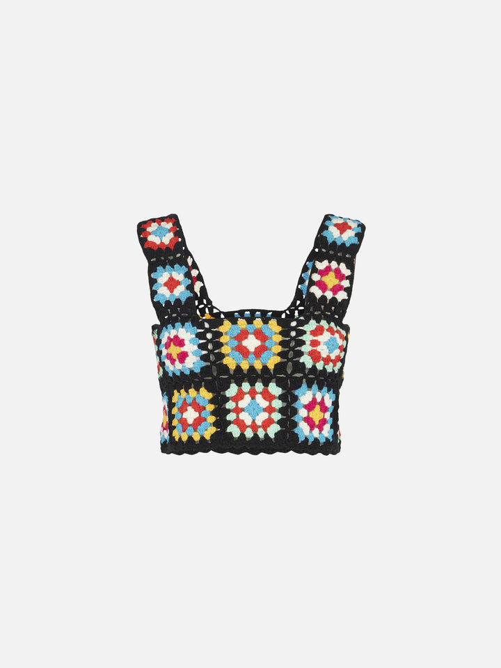 Top Halima in crochet multicolor su base nera