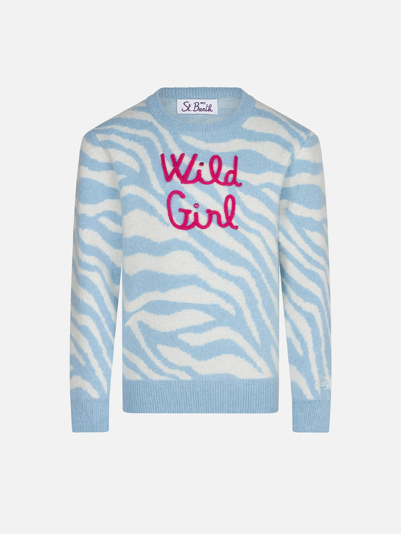 Gebürsteter Mädchenpullover mit Zebramuster und Wild Girl-Stickerei