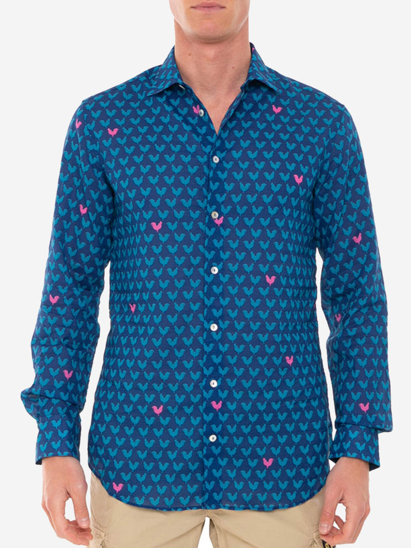 Sikelia-Hemd aus Musselin-Baumwolle für Herren mit Hahnenprint
