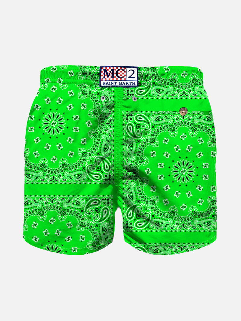 Neongrüne Badeshorts für Jungen mit Bandana-Aufdruck