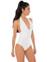 Woman white one piece swimsuit