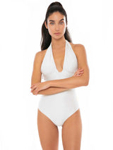 Woman white one piece swimsuit