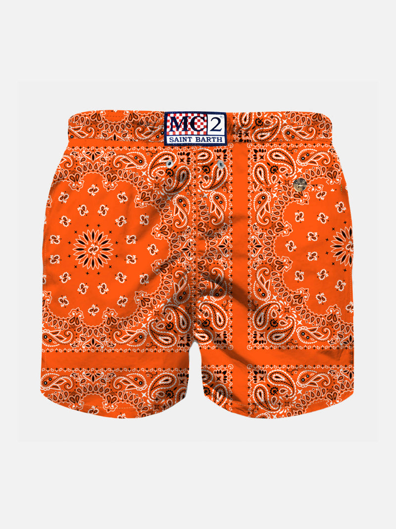 Boy swim shorts with orange bandanna print