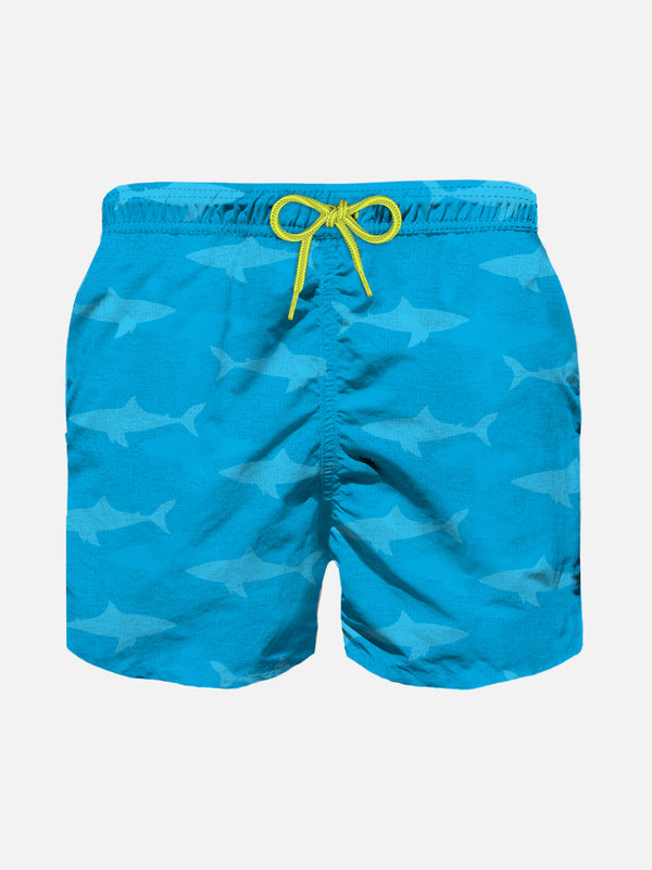 Jungen-Badeshorts mit aufgeprägten Haifischen aus Frottee