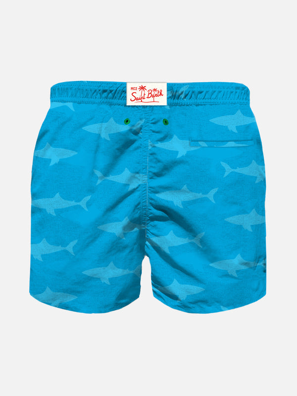 Jungen-Badeshorts mit aufgeprägten Haifischen aus Frottee