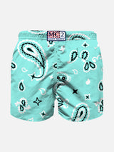 Boy water green swim shorts with bandanna pattern