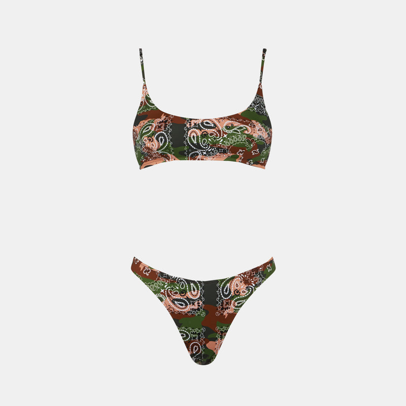 Woman bralette bikini with mimetic bandanna print