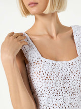 Woman white crochet dress