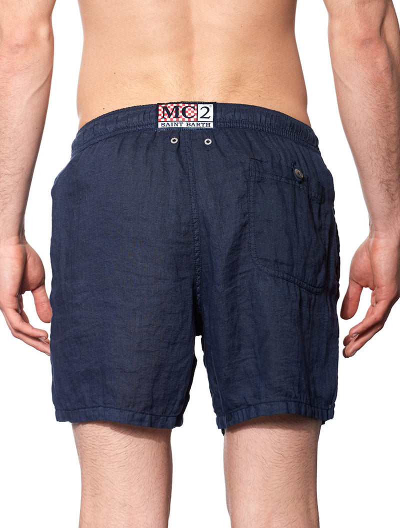 Einfarbige mittellange Badeshorts aus Leinen in Blau