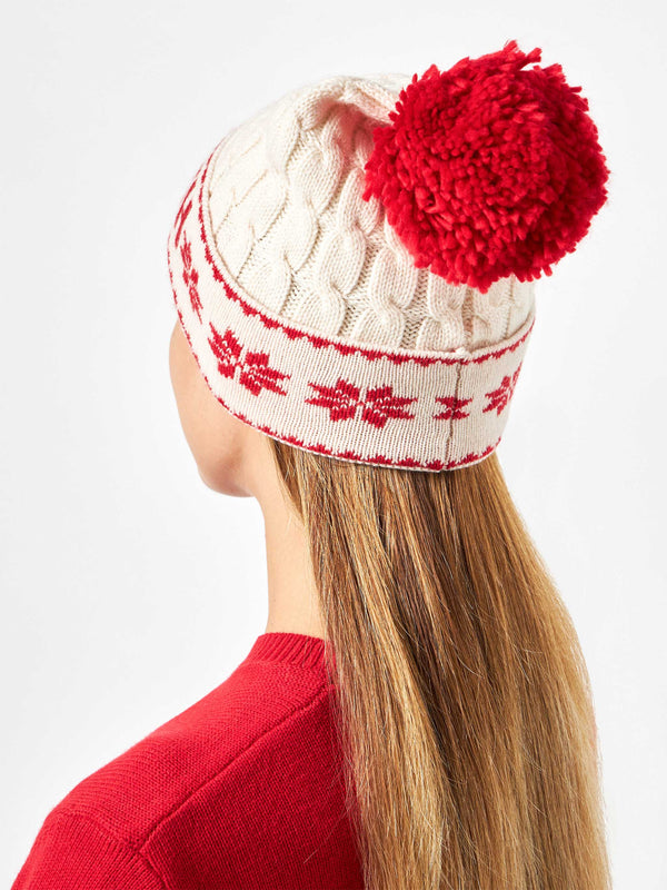 Woman white beanie with pompon