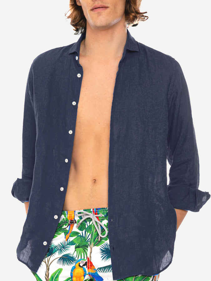 Mc2 Saint Barth Camicia da uomo Pamplona in lino blu navy