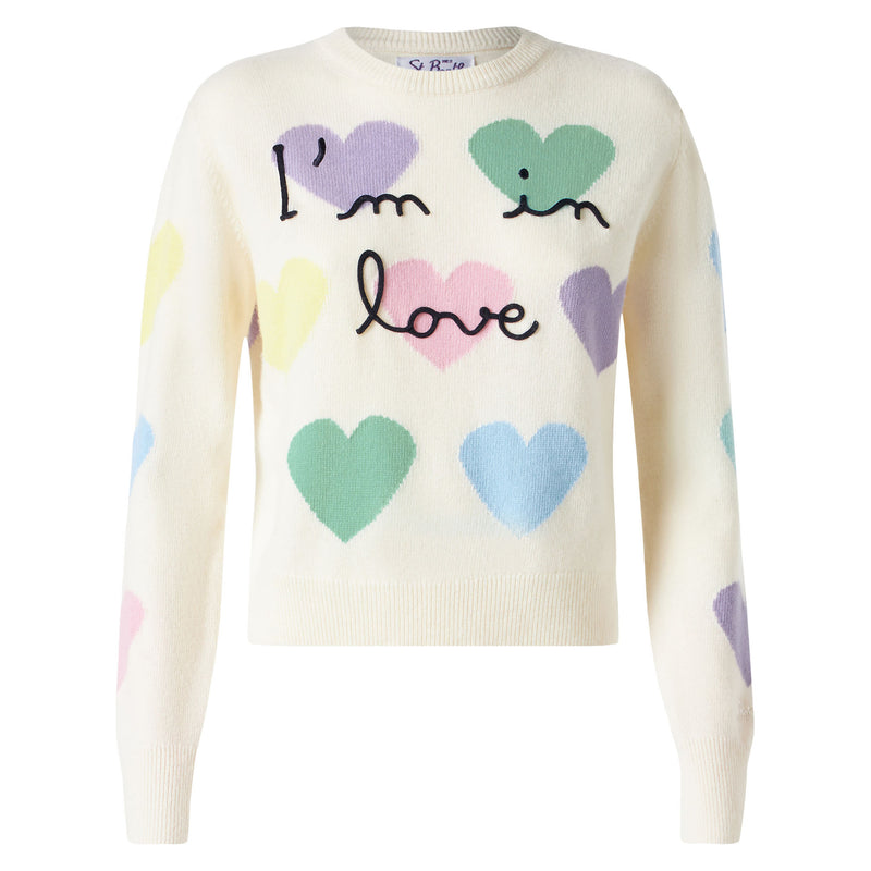 Woman sweater with hearts print and I'm in Love embroidery