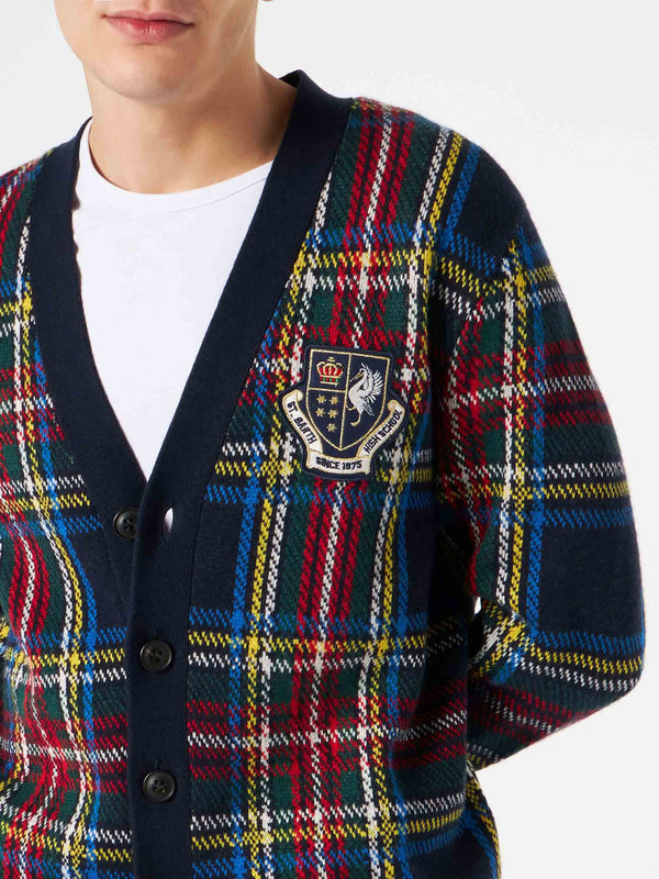 Cardigan uomo in maglia tartan con patch