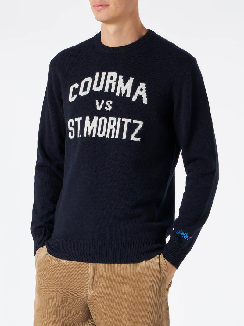 Man navy blue sweater with Courma vs St. Moritz print