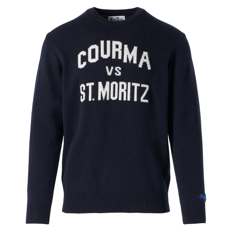 Man navy blue sweater with Courma vs St. Moritz print