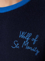 Marineblauer Herrenpullover mit „Wolf von St. Moritz“-Stickerei