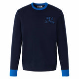 Marineblauer Herrenpullover mit „Wolf von St. Moritz“-Stickerei