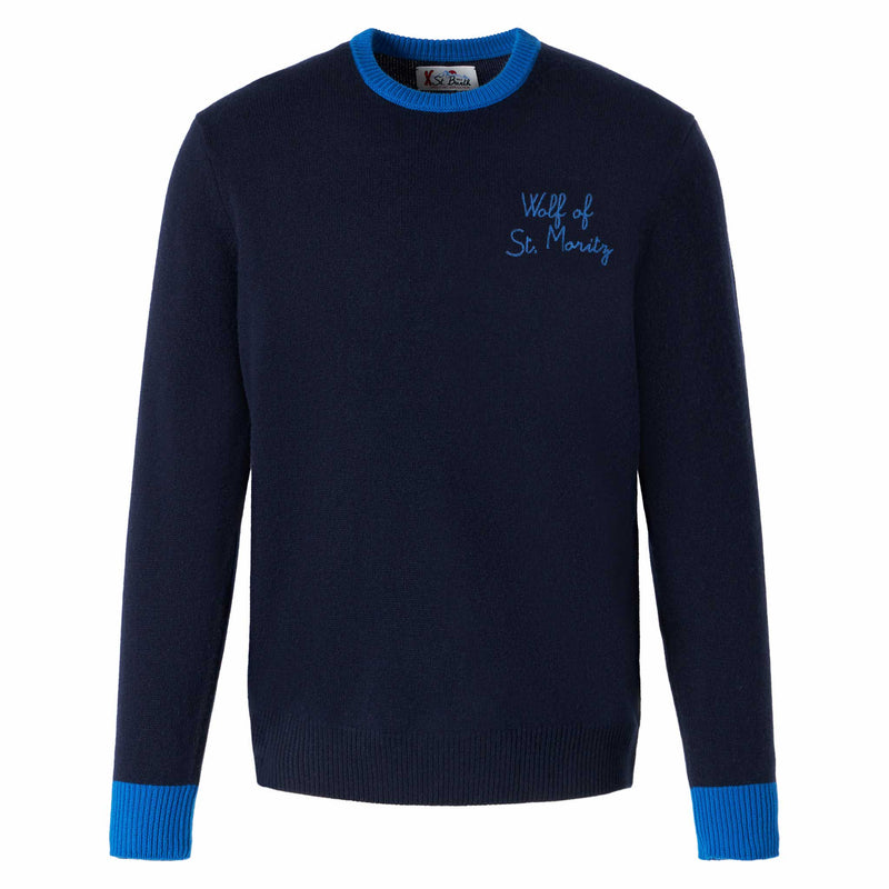 Marineblauer Herrenpullover mit „Wolf von St. Moritz“-Stickerei