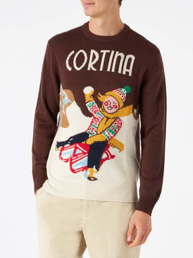Crewneck sweater with Cortina postcard jacquard