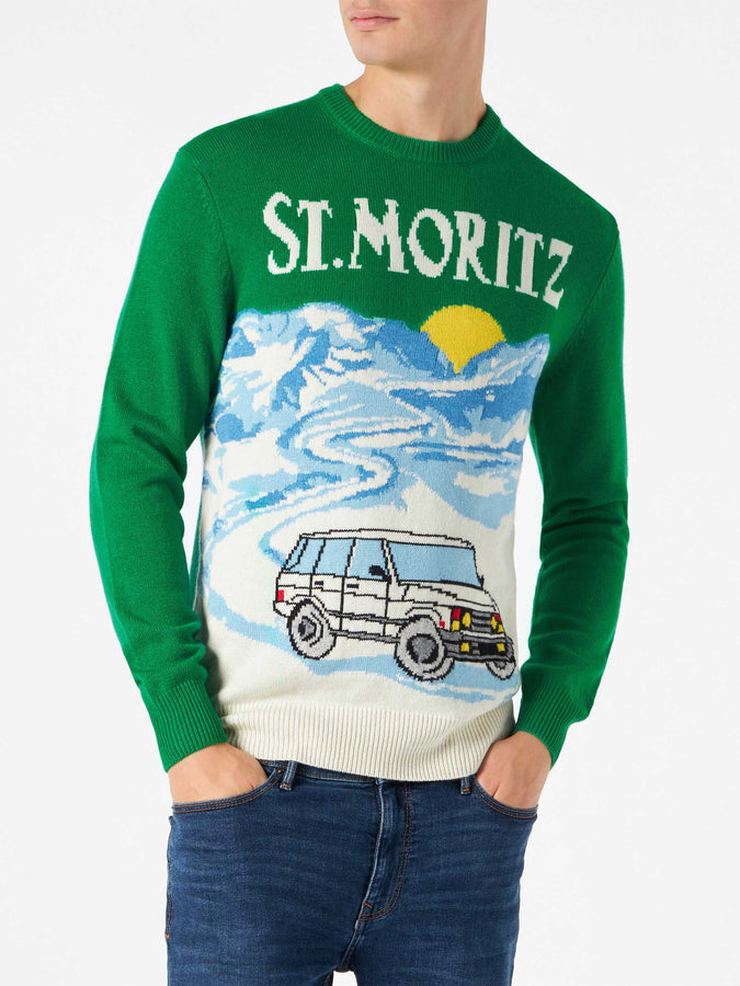 Mc2 Saint Barth Maglia da uomo verde con stampa cartoline di St.Moritz