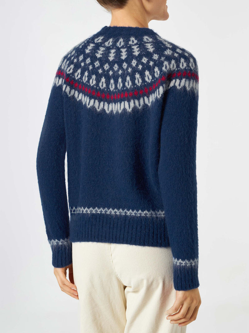 Woman navy blue crewneck nordic jacquard sweater