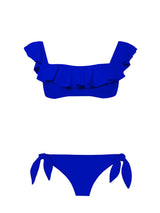 Bikini bluette con volant e spalle scoperte