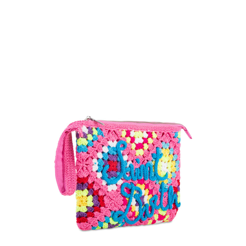 Parisienne pink crochet pouch bag with Saint Barth embroidery