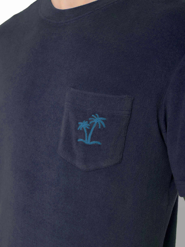 Herren-T-Shirt aus Frottee in Marineblau mit Tasche