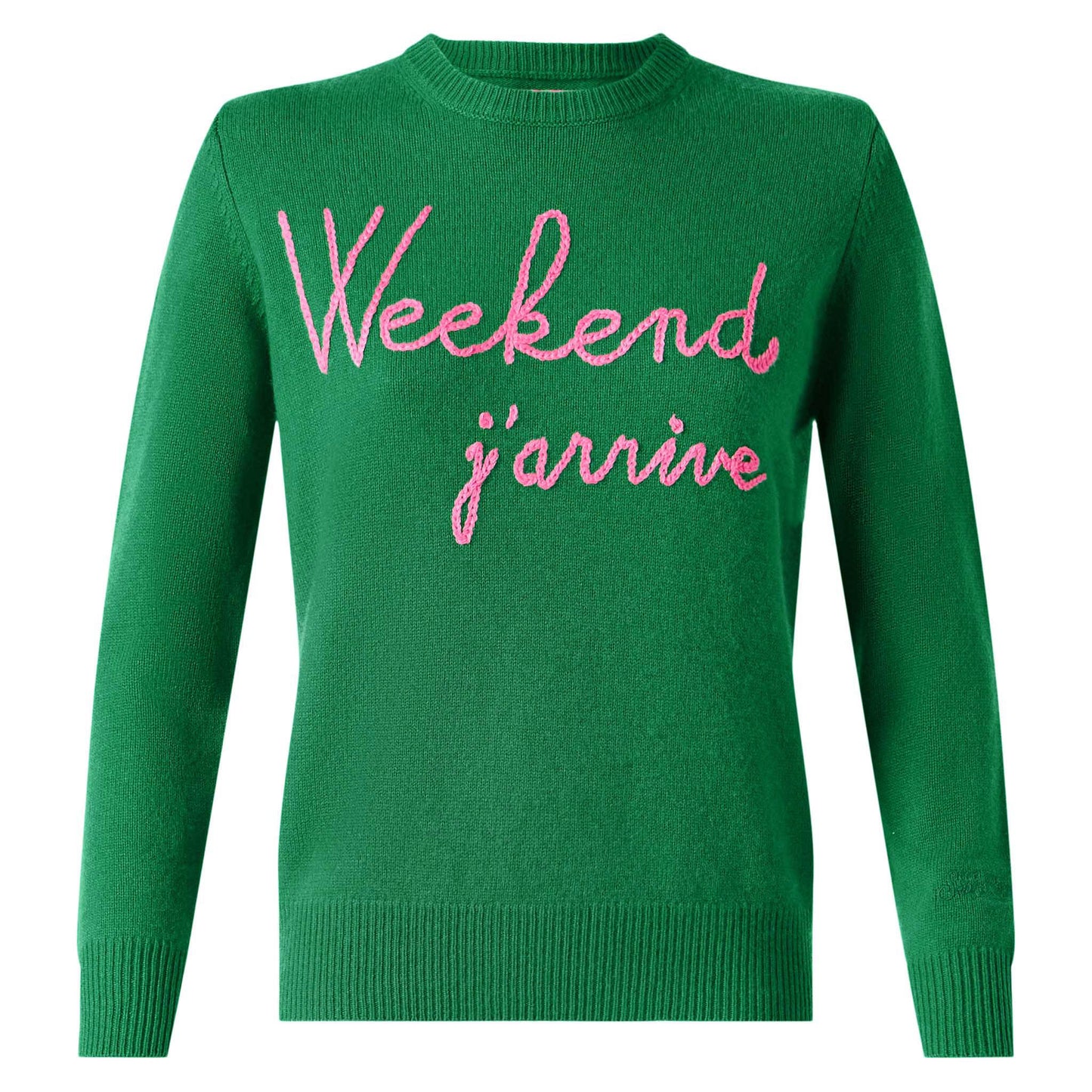 Green sweater Weekend j'arrive fluo pink embroidery - MC2 Saint Barth