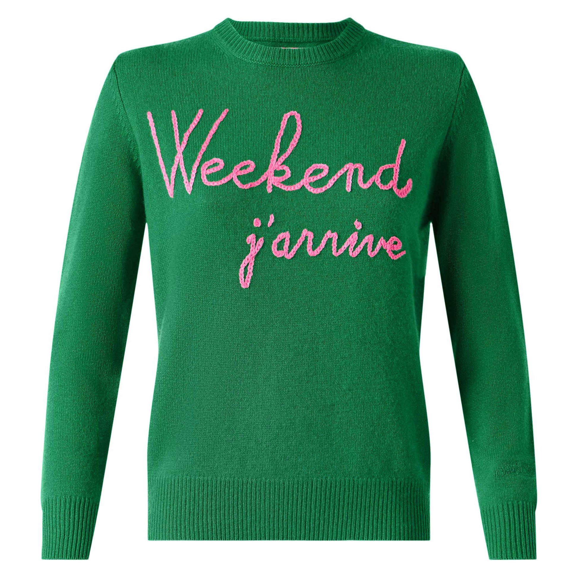 Green sweater Weekend j'arrive fluo pink embroidery - MC2 Saint Barth