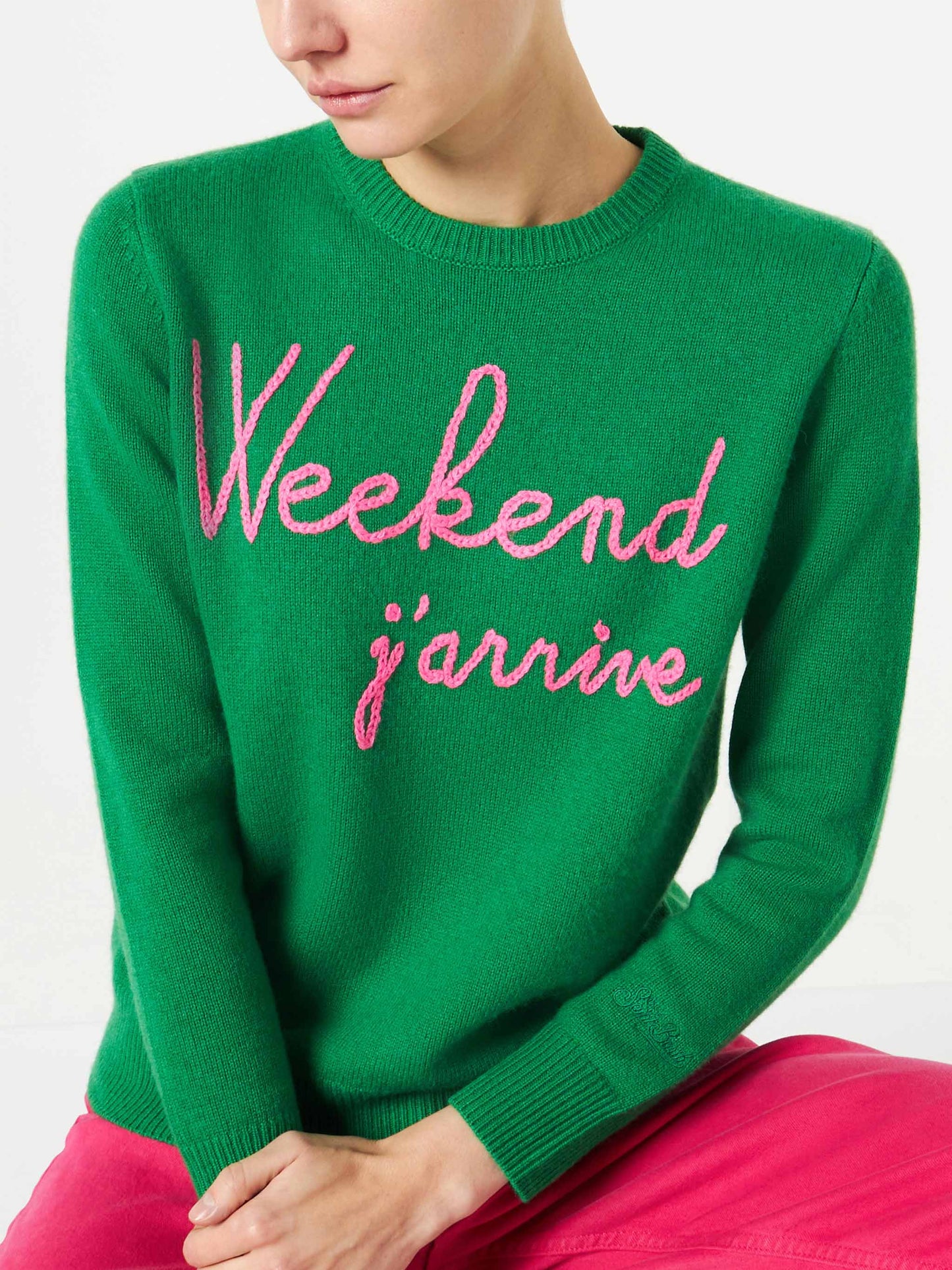 Green sweater Weekend j'arrive fluo pink embroidery - MC2 Saint Barth