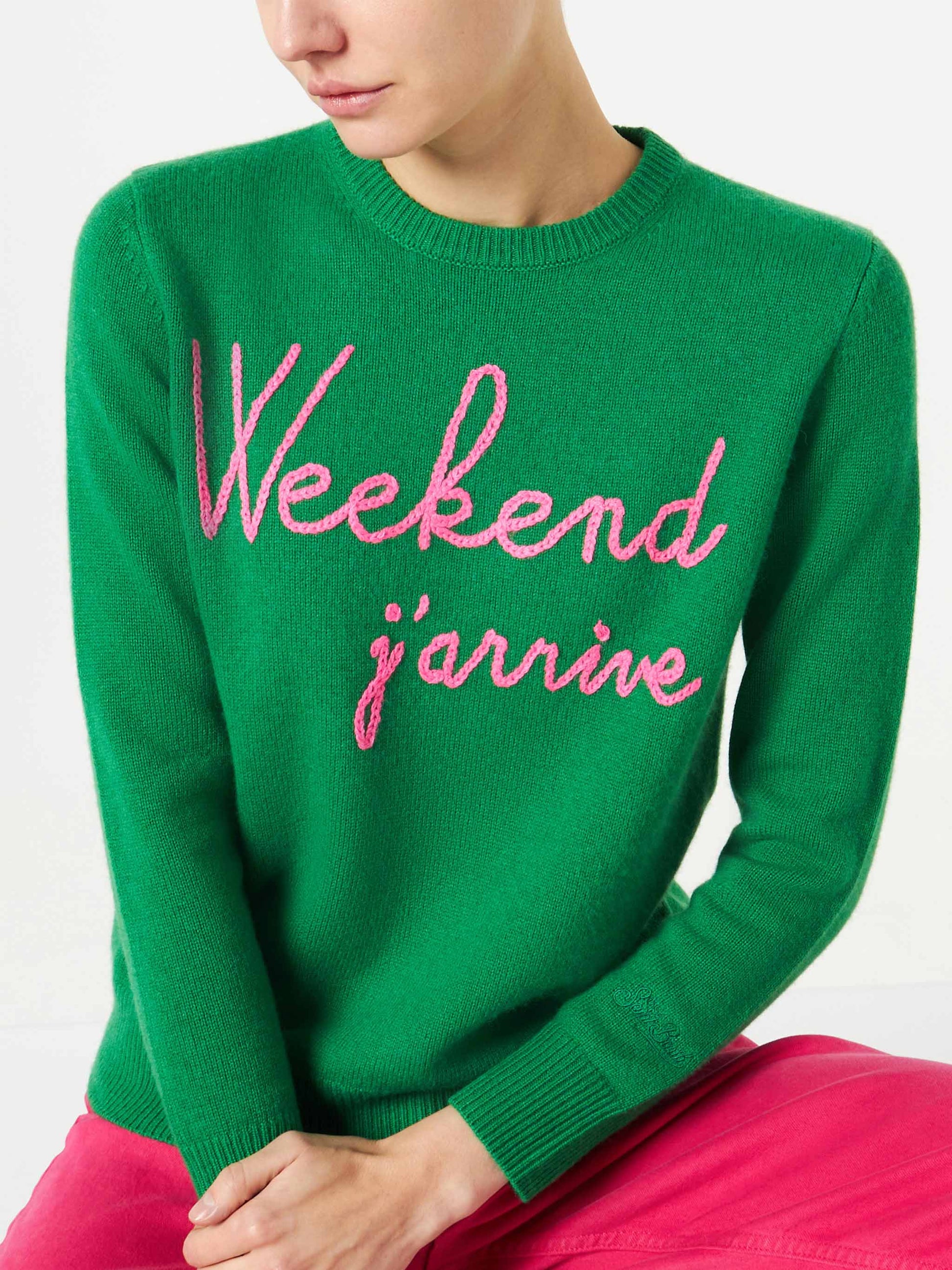 Green sweater Weekend j'arrive fluo pink embroidery - MC2 Saint Barth