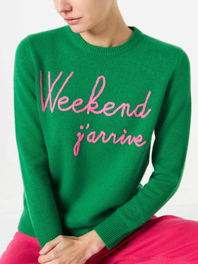 Green sweater Weekend j'arrive fluo pink embroidery - MC2 Saint Barth