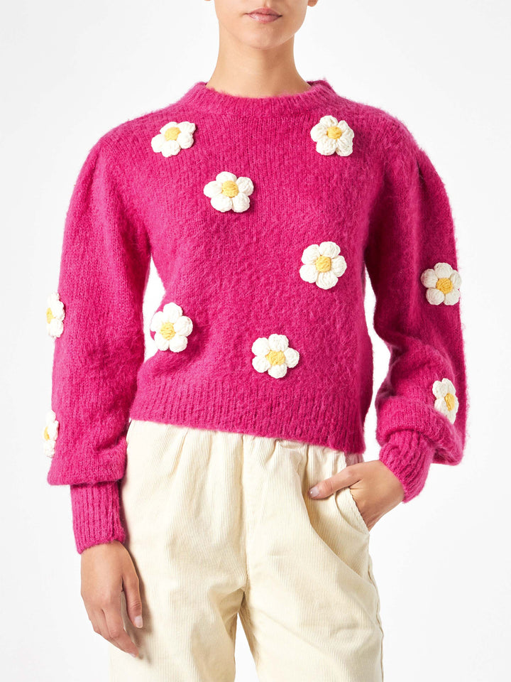 Woman brushed sweater with crochet flowers appliqués - MC2 Saint Barth