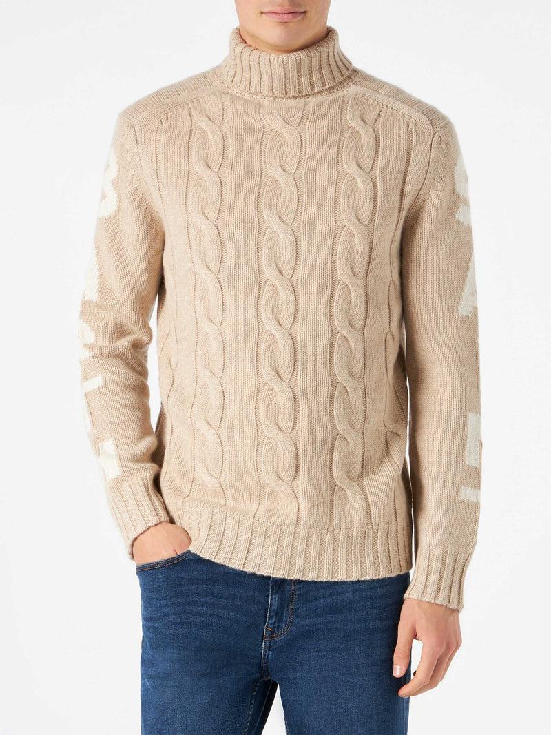 Man turtleneck braided sweater with Saint Barth print