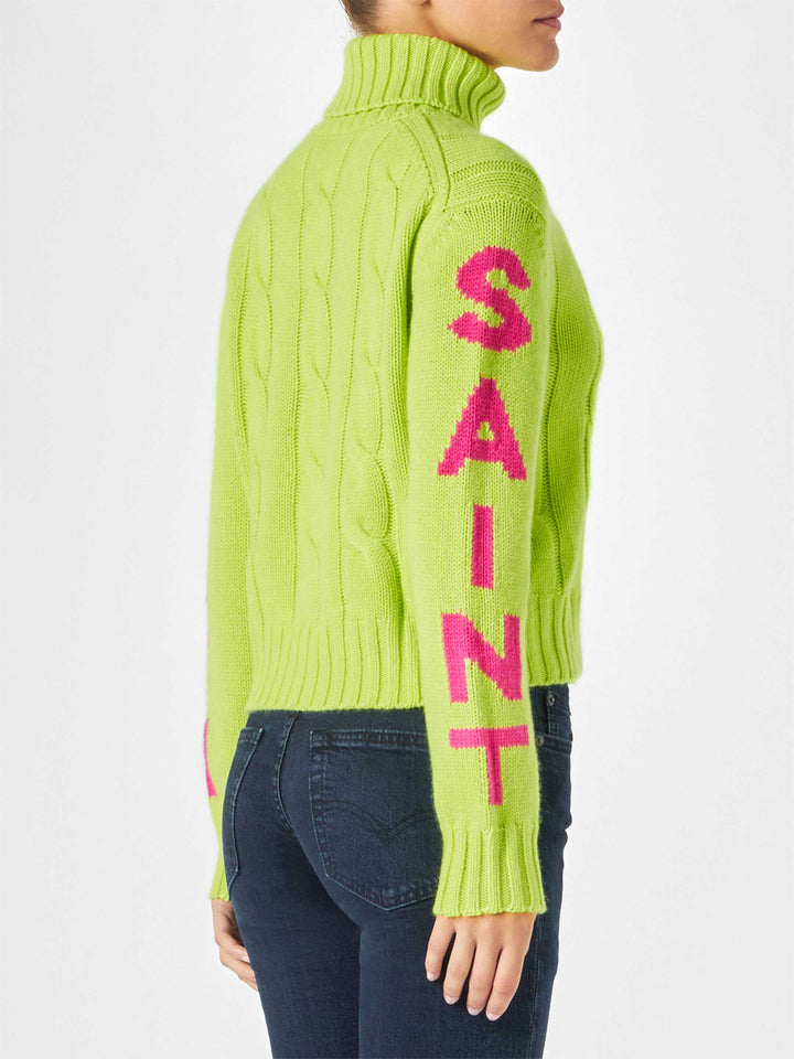 Woman fluo yellow turtleneck braided sweater - MC2 Saint Barth