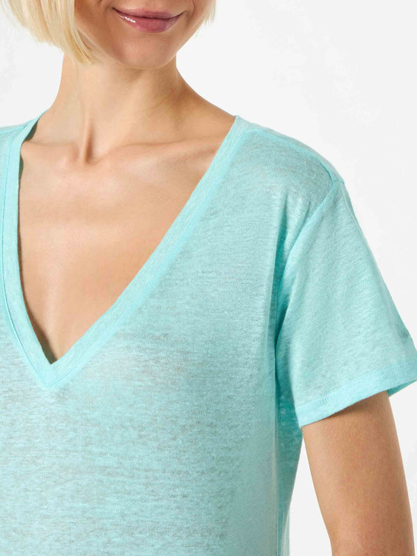 T-shirt da donna in lino verde acqua